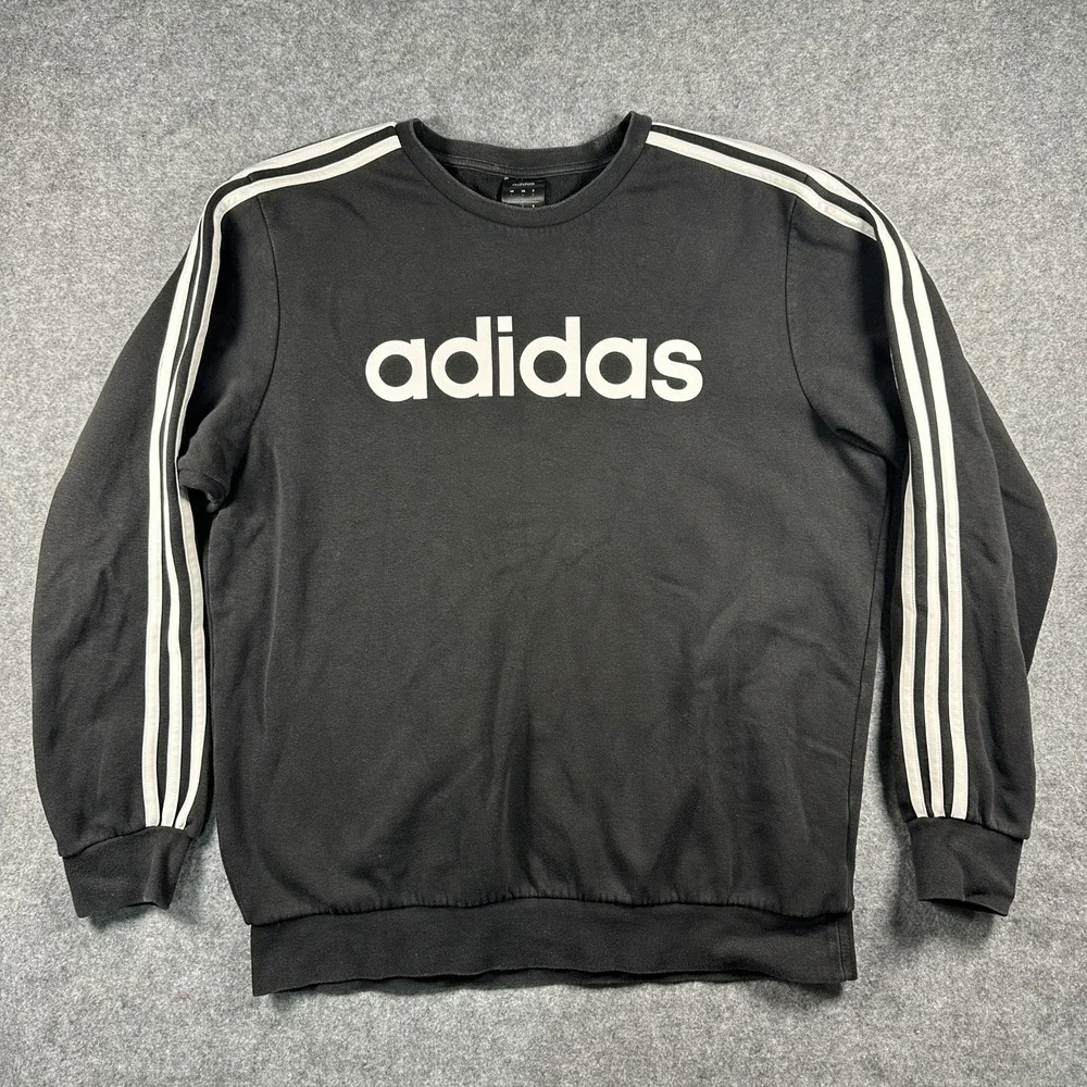 Adidas Essentials 3-Stripes Crewneck Sweatshirt Large Black White Logo Fleece